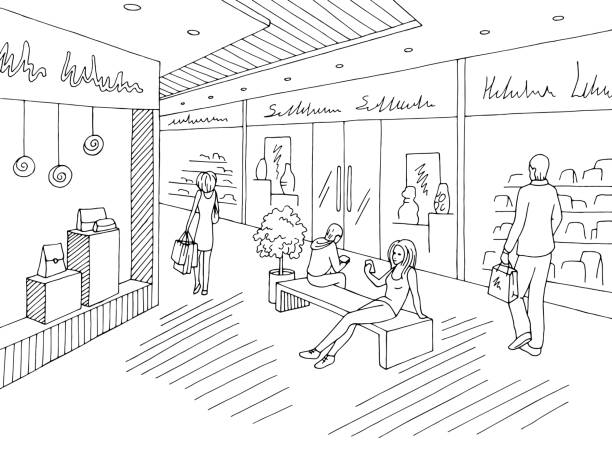 ilustrações de stock, clip art, desenhos animados e ícones de shopping mall graphic black white interior sketch illustration vector - boutique fashion indoors shopping