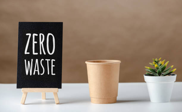 istock zero waste word on blackboard with peper cup and green plant on white table and brown background.eco friendly concept 1176487296