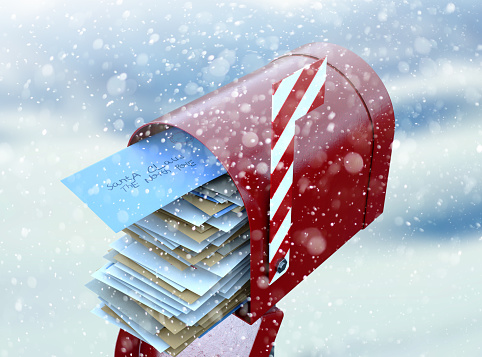 A christmas concept depicting a red retro mailbox belonging to santa clause crammed full of childrens wish list letters to him on a snowy cold background - 3D render