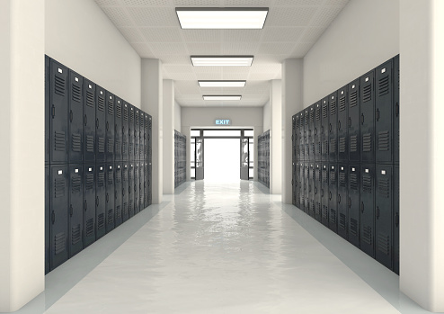 A look down a well lit hallway of school lockers towards an open entrance or exit door - 3D render