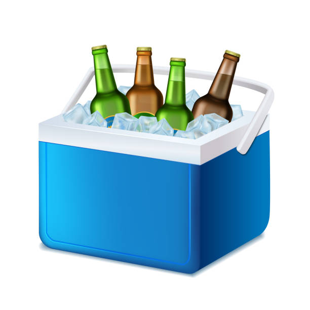ilustraciones, imágenes clip art, dibujos animados e iconos de stock de refrigerador de mano azul detallado 3d realista con botellas de cerveza. vector - cooler