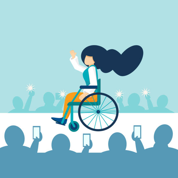 ilustrações de stock, clip art, desenhos animados e ícones de disabled woman fashion designer rides on the catwalk and greets the audience of visitors to fashion week. the concept of equal opportunity. a person with disabilities works and is employed. vector - equal opportunity flash