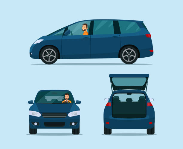 ilustrações de stock, clip art, desenhos animados e ícones de minivan car with driver. side and back view. vector flat style illustration. - vehicle door illustrations