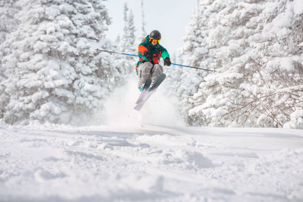istock Skier freerides and jumps in snowy forest 1176492780
