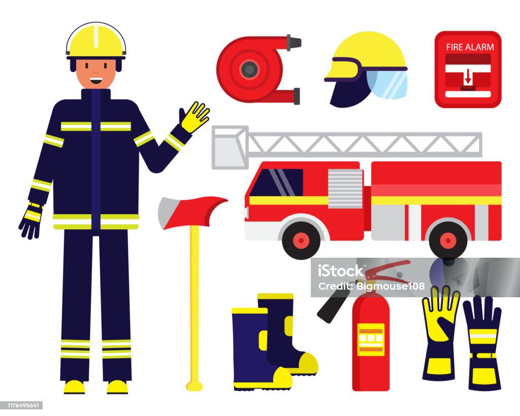 Tecknad Färg Karaktär Person Brandman Och Utrustning Set Vektor