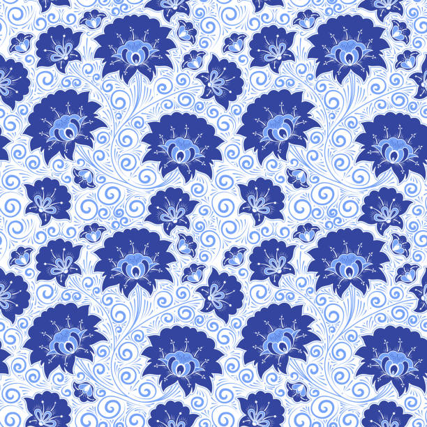 Russian floral pattern seamless vector. Gzhel style traditional folk flower background. Vintage botanical texture. Design with blue white chinese porcelain, delft dutch ceramic, oriental motifs. Russian floral pattern seamless vector. Gzhel style traditional folk flower background. Vintage botanical texture. Design with blue white chinese porcelain, delft dutch ceramic, oriental motifs. chinese tapestry stock illustrations