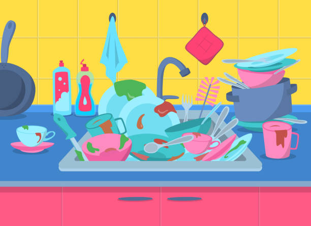 Cartoon Color Sink Et Pile Dirty Dish Concept Vecteur Vecteurs libres de  droits et plus d'images vectorielles de Lavabo et évier - iStock
