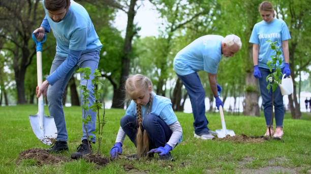 Family environmental volunteers planting trees smiling each other, reforestation Family environmental volunteers planting trees smiling each other, reforestation reforestation stock pictures, royalty-free photos & images