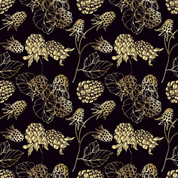 Vector illustration of Vector Blackberry healthy food. Black and white engraved ink art. Seamless background pattern.