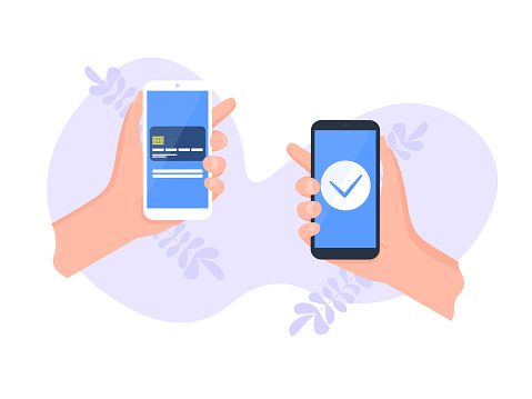 People sending and receiving money wireless with their mobile phones. Hands holding smart phones with banking payment apps. Flat style vector illustration.