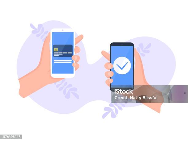 Two Hand With Phone And Card Pay Stock Illustration - Download Image Now - Mobile Phone, Telephone, Paying