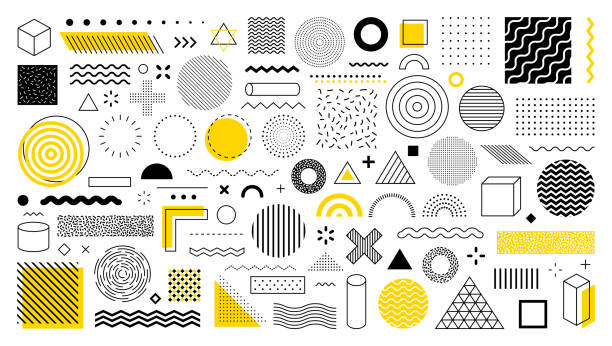 ilustrações de stock, clip art, desenhos animados e ícones de set of 100 geometric shapes. design, retro elements for web, vintage, advertisement, commercial banner, poster, leaflet, billboard, sale. collection trendy halftone vector geometric shapes. - contemporary design