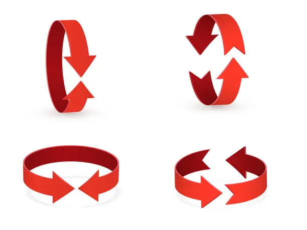 Vector illustration of 3D rotation sign red icon. 360 rotation arrows Sign.