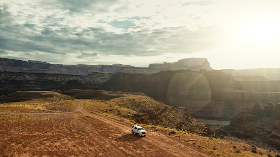 Drone view: car at the Shafer trail Canyonlands
