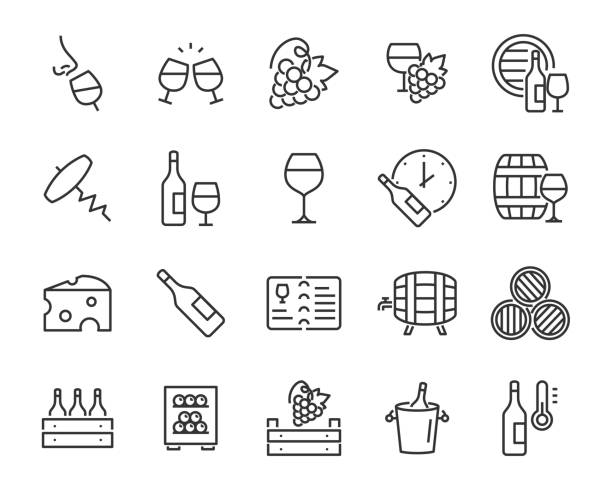 zestaw ikon wina, butelka wina, winogrona, korek, alkohol, ser - wine cork white wine grape stock illustrations