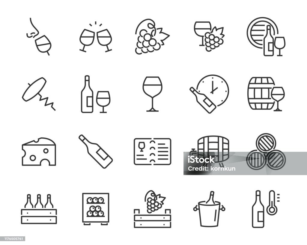 set of wine icons, wine bottle, grape, cork, alcohol, cheese - Royalty-free Vinho arte vetorial