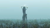 Witch Demon Woman with White Eyes and Glowing Orb in Futuristic Haute Couture Dress Abstract Demon Foggy Watery Void with Reeds and Grass background Back View
