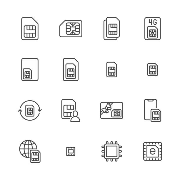 ilustraciones, imágenes clip art, dibujos animados e iconos de stock de conjunto de iconos de línea plana de la tarjeta sim. micro, nano simcard, nueva tecnología esim, ilustraciones vectoriales de chip de teléfono móvil. esbozar los letreros para la tienda electrónica. píxel perfecto 64x64. trazos editables - icono de la tarjeta sim