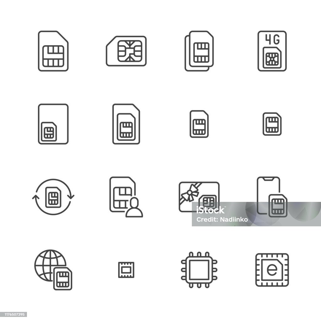 Sim kart düz çizgi simgeleri ayarlayın. Mikro, nano simcard, yeni eSim teknolojisi, cep telefonu çip vektör çizimler. Elektronik mağaza için anahat işaretleri. Piksel mükemmel 64x64. Kullanılabilir Vuruşlar - Royalty-free SIM Kartı Vector Art