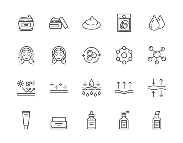 Skin care flat line icons set. Moisturizing cream, anti age lifting face mask, spf whitening gel vector illustrations. Outline signs for cosmetic product package. Pixel perfect 64x64 Editable Strokes Skin care flat line icons set. Moisturizing cream, anti age lifting face mask, spf whitening gel vector illustrations. Outline signs for cosmetic product package. Pixel perfect 64x64 Editable Strokes. facial mask beauty product illustrations stock illustrations