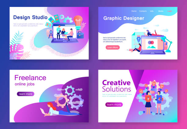 Set of flat banners creative professions. Modern flat concept web banner Graphic Design Studio with people character. Set of flat banners creative professions. Conceptual vector illustration for web and graphic design, marketing. travel agencies stock illustrations