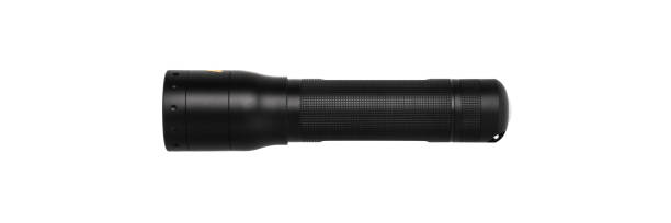moderna torcia in metallo nero isolato su bianco - tactical flashlight foto e immagini stock