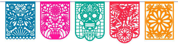 ilustraciones, imágenes clip art, dibujos animados e iconos de stock de día de muertos, día de los muertos, banderas cortadas en papel, papel picado - craft product illustrations