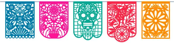 Vector illustration of Day of the dead, Dia de los Muertos, paper cut flags, Papel Picado