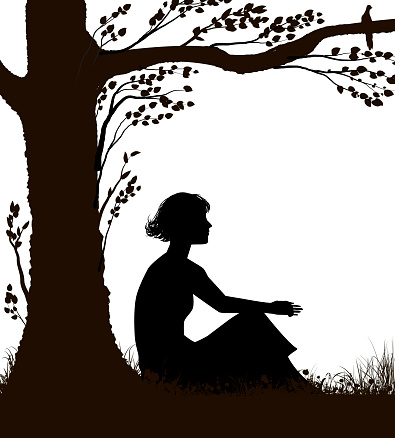 young woman is sitting under the tree in hot summer day, woman rest,  summer memories, black and white, vector