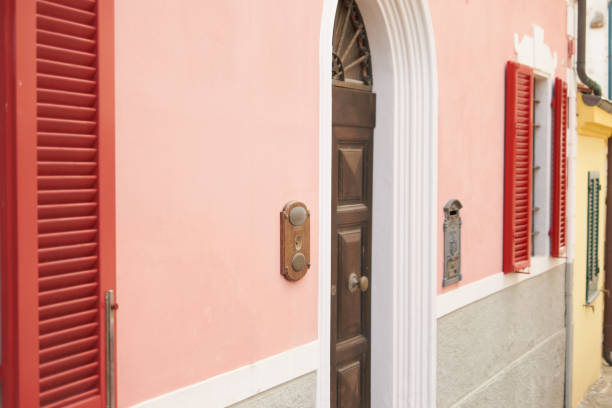 colorful house facade with front door and windows