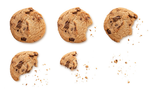 Steps of chocolate chip cookie being devoured and shadow, Sequence isolated on white background with clipping path.