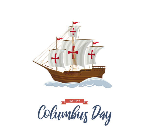 illustrations, cliparts, dessins animés et icônes de affiche de jour de columbus avec le bateau à voile et les vagues. vecteur - santa maria