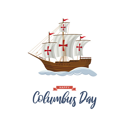 Columbus Day poster with sailing ship and waves. Vector illustration. EPS10