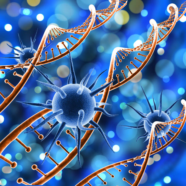 istock 3D medical background with virus cells on DNA strands 1176520718