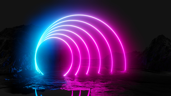 Glowing neon circles on dark background. 3D illustration. Pink and blue design trend