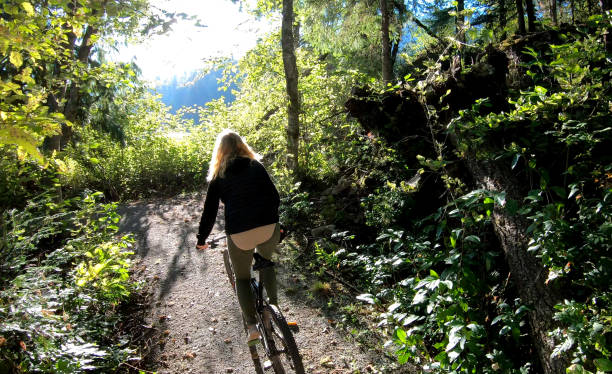 istock Female mountain biker rides through forest at sunrise 1176521764