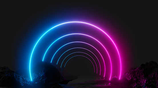 Glowing neon circles on dark background. 3D illustration. Pink and blue design trend