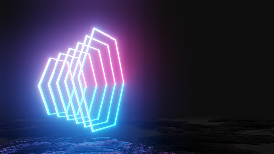 Glowing neon hexagons on dark background. 3D illustration. Pink and blue design trend