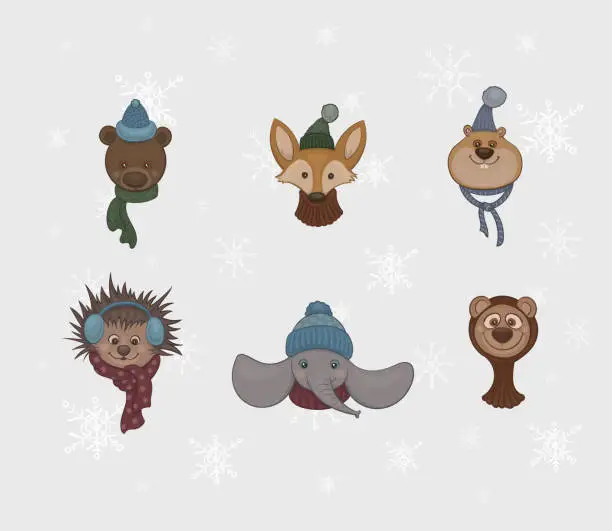 Vector illustration of Vector set of cartoon cute animals in warm scarfs and caps on the grey background with white snowflakes.