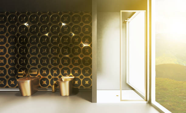 3d レンダリング。壁に暗い色と金色のタイルの大きなバスルーム。大きなパノラマの窓。金色のトイレとビデ。ロフトスタイルのシャワー - loft apartment bathroom mosaic tile ストックフォトと画像