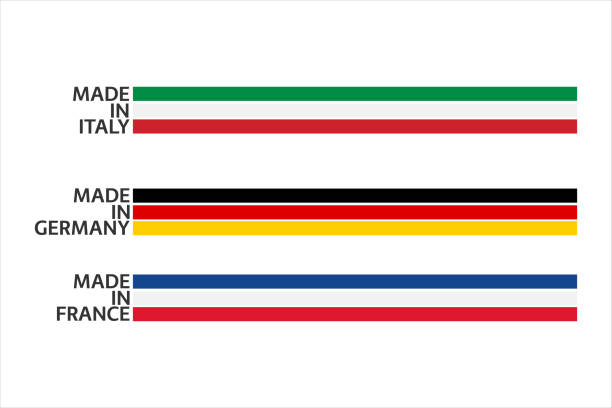 vektor-set-logos made in italy, made in france und made in germany mit streifen mit den farben der italienischen, französischen und deutschen flagge isoliert auf weißem hintergrund - france germany flag white background stock-grafiken, -clipart, -cartoons und -symbole