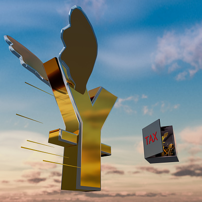 The evil of taxation. A 3D rendering of a winged Yuan flying towards a black box with the word 'TAX' written on it against a cloudy sky. The box is full of similar Yuan.