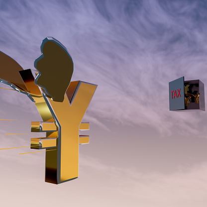 The evil of taxation. A 3D rendering of a winged Yen flying towards a black box with the word 'TAX' written on it against a cloudy sky. The box is full of similar Yen.