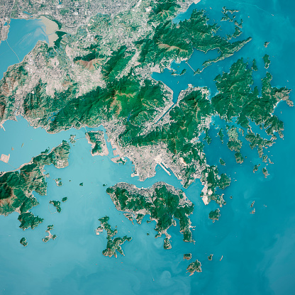 3D Render of a Topographic Map of Hong Kong City.\nAll source data is in the public domain.\nContains modified Copernicus Sentinel data (Jan 2019) courtesy of ESA. URL of source image: https://scihub.copernicus.eu/dhus/#/home.\nRelief texture SRTM data courtesy of NASA. URL of source image: https://search.earthdata.nasa.gov/search/granules/collection-details?p=C1000000240-LPDAAC_ECS&q=srtm%201%20arc&ok=srtm%201%20arc