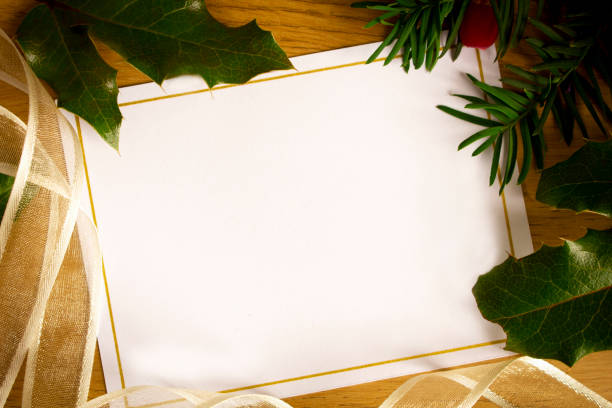 A blank Christmas card with holly and ribbons.