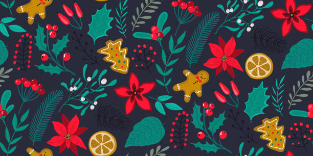 stockillustraties, clipart, cartoons en iconen met vector naadloze patroon met traditionele kerst planten, bloemen - funny image