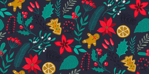 wektorowy bezszwowy wzór z tradycyjnymi roślinami bożonarodzeniowymi, kwiatami - christmas holly backgrounds pattern stock illustrations