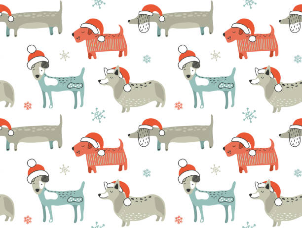 weihnachten nahtlose muster mit niedlichen cartoon-hunde in santa hüte. vektor-illustration - christmas dachshund dog pets stock-grafiken, -clipart, -cartoons und -symbole