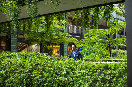 Good-looking, fashionable  businessman walking outdoor in public park, surrounded with green plants