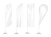 Vector set of four outdoor vertical feather advertising promo flags. Waving wind blade, teardrop and straight banners isolated on white.